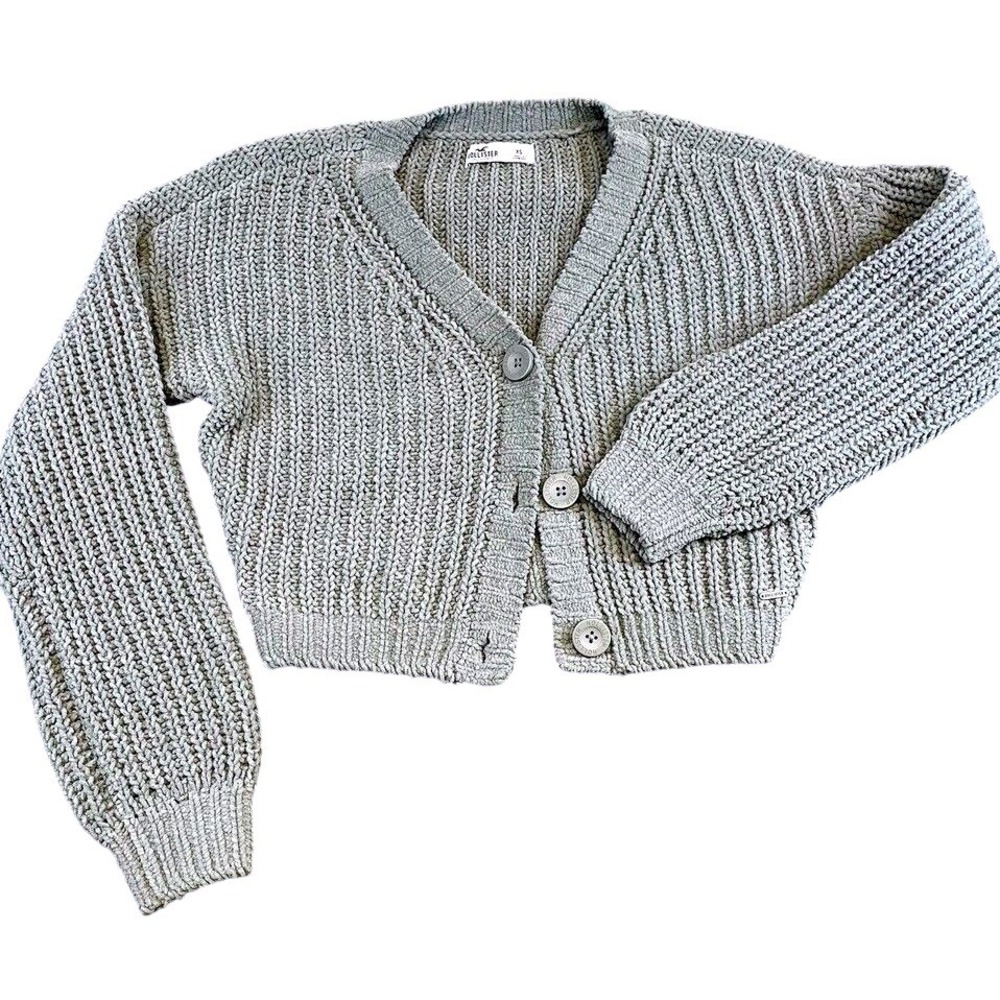 Hollister Women Cardigan Chenille Knit Grey XS Cropped Soft Cozy Sweater